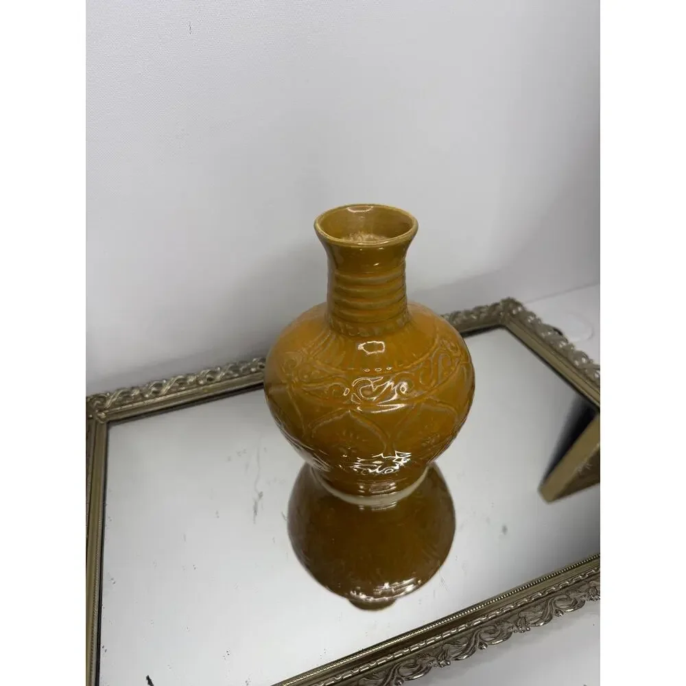 Vintage Handmade in Vietnam Mustard Yellow Vase with Incised Designs
